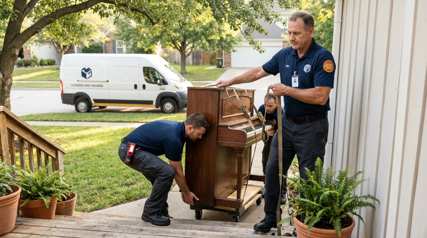 Licensed piano movers securing grand piano in Peoria, AZ