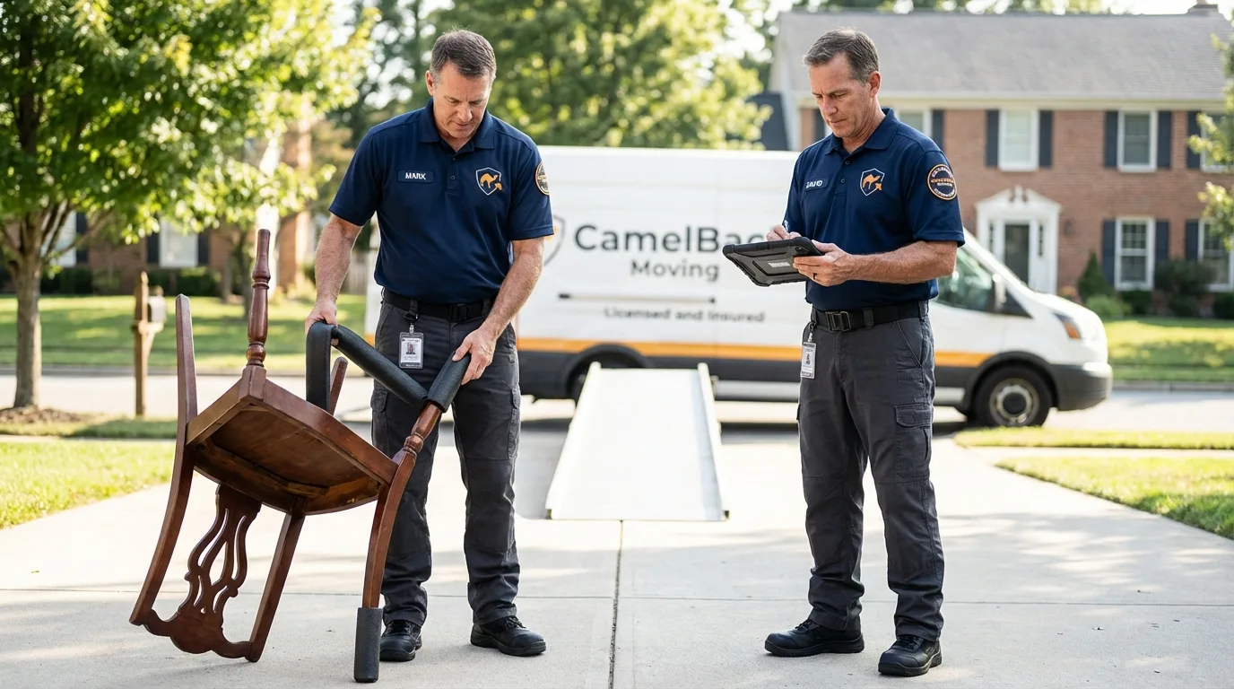 Movers inspecting furniture for damage prevention before loading in Peoria, AZ