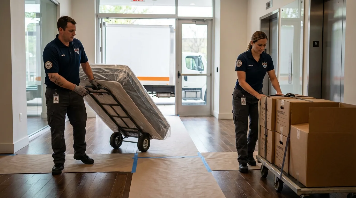 Professional apartment movers loading elevator in Peoria, AZ